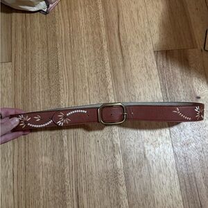 Women's Embroidered Brown Leather Belt with Brass Buckle